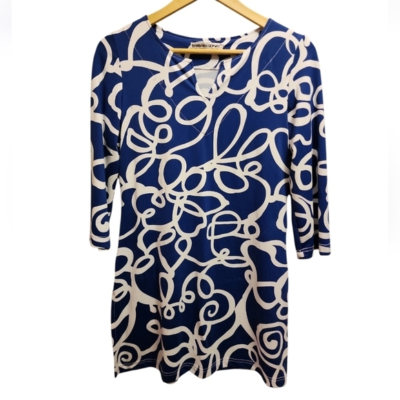 Barbara Gerwit Dresses & Skirts - Barbara Gerwit Womens 3/4 Sleeve Y Neck Sheath Dress Blue white Vintage Resort